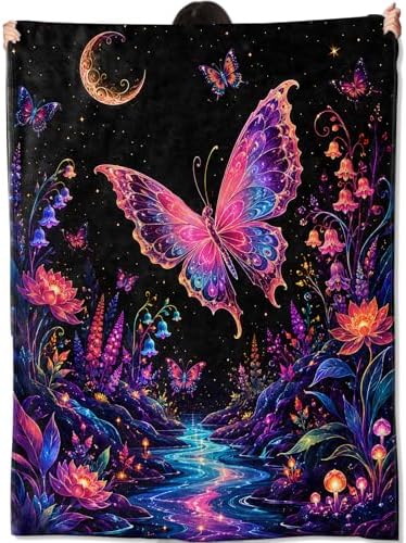 Fantasy Butterfly Blanket,Starry Lotus Garden Flannel Throw Blankets Gifts for Magical Art Lovers,Soft Lightweight Decorative Cover for Couch Sofa Bedroom Travel,Home Accent,60×80 Inch