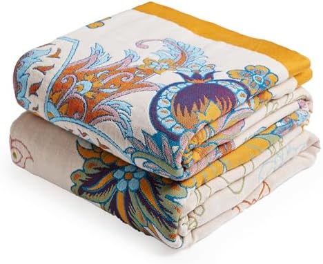 VANJOROY Boho Throw Blanket, 100% Organic Cotton Breathable Skin-Friendly Ultra Soft Bed Quilt Throw - All Season Floral Bird Farmhouse Décor Luxury Blanket for Sofa Couch Chair and Gift. 80" x 90"