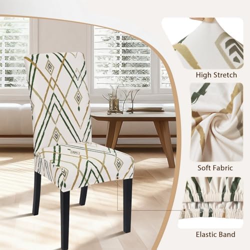 SearchI Dining Room Chair Covers Set of 6, Stretch Printed Kitchen Chair Slipcovers Removable Washable Parsons Chair Covers Protector for Dining Room, Hotel, Ceremony (Beige-Green Stripe)