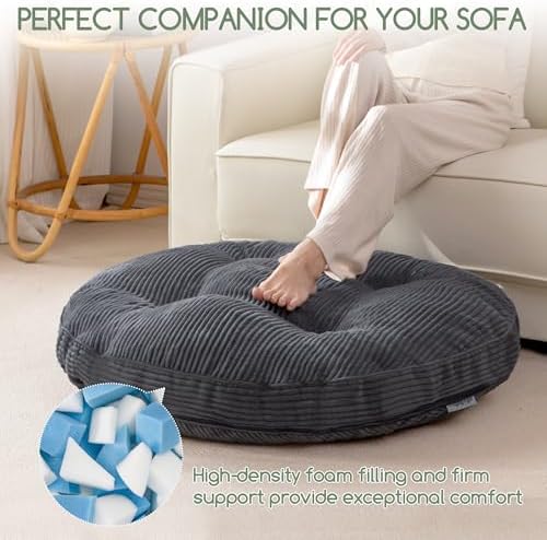 HIGOGOGO 35" Floor Pillow Cushion for Adults, Meditation Cushion Pillow, Extra Large Square Floor Sitting, Tufted Corduroy Cover for Tatami Living Room or Yoga, Dark Grey