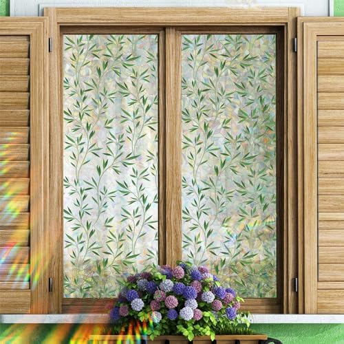 Rainbow Window Privacy Film, Green Vines Static Glass Clings 17.5" x 78.7"