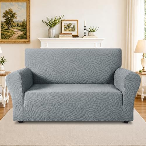 ZNSAYOTX 1 Piece Stretch Loveseat Covers for 2 Cushion Couch (55"-71"), New Plaid Couch Cover with Non-Slip Buckle for Dog Pets, Soft Cozy Washable Sofa Slipcover Form Fit Protector, Light Grey