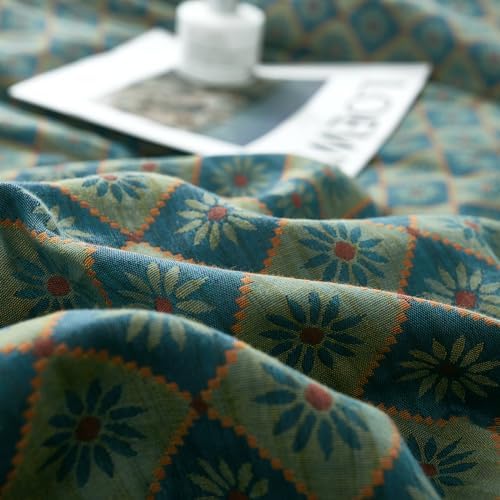 Boho Duvet Cover King Geometric Pattern,3Pcs Yarn-Dyed Muslin Cotton Duvet Cover Set Blue Green Flower Bedding Set for Girls Women Without Comforter