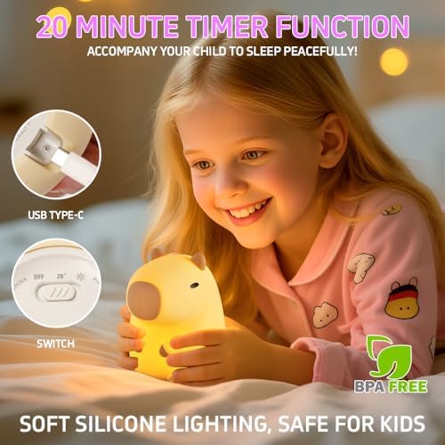 Capybara Night Light for Kids, LED Squishy Animal Night Lamp Rechargeable, Novelty Nursery Lamp Nightlight for Kids, 2 Levels Dimmable Touch Lamp for Bedroom, Home Decor Gifts Stuff for Girls Boys