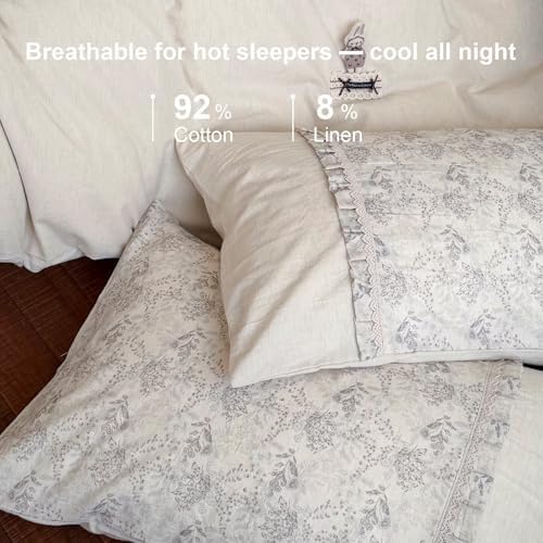 Queen Size Cotton Linen Duvet Cover 90"×90",Cute Bedding Set 3 Pcs