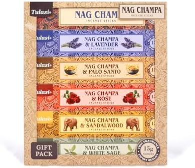 Tulasi Nag Champa Incense Sticks Gift Pack of 6, Hand Rolled Fragrance Incense Sticks for Aromatherapy, Relaxing, Yoga, Meditation, Prayer, Agarbatti Stick with Natural Oils, (15gm x 6)