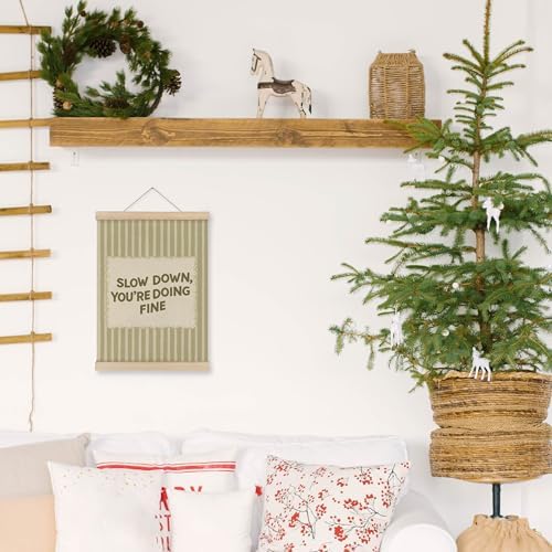 MAQIKA Inspirational Poster Framed with Wood Hanger, Motivational Hanging Wall Decor, Slow Down You're Doing Fine Striped Canvas Wall Art Paints for Home Bedroom Classroom Office, 12x16 Inch