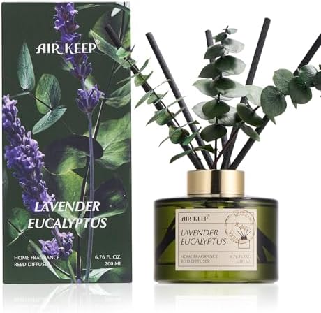 Airkeep Reed Diffuser Set with 6.76 fl oz Lavender Eucalyptus Scent Essential Oils and 3 Leaves & 8 Diffuser Sticks,Bathroom Shelf Decor & Air Freshener, House Bedroom Office Decor & Gifts