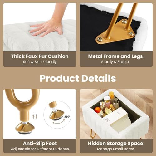 DUMOS Vanity Stool Chair Ottoman with Storage, Makeup Cute Soft Small Footstool Modern Style Faux Fur Seat with 4 Metal Legs & Adjustable Feet for Dressing Living Room Bedroom Dorm