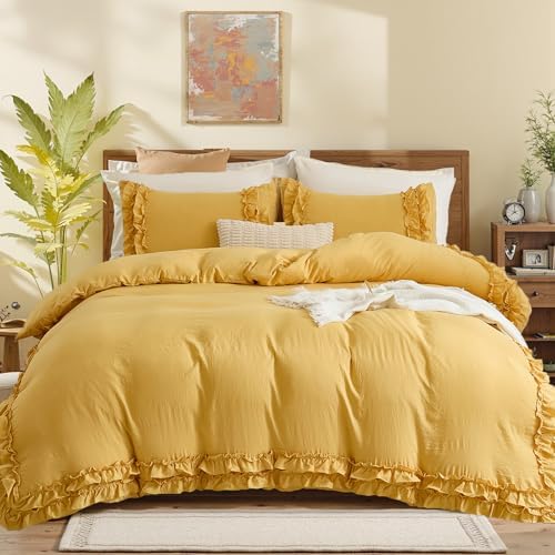 Bedorm Ginger Yellow Bedding Set King Ruffle Duvet Cover Super Soft Cozy Washed Microfiber Bedding Shabby Chic Coquette Decor Farmhouse Boho Duvet Cover Set