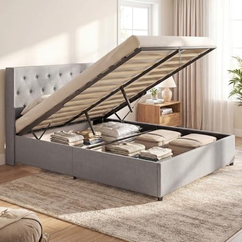 GIANTEX Queen Size Lift Up Storage Bed, Modern Linen Upholstered Platform w/Button Tufted Wingback Headboard & Hydraulic Support, Queen Bed Frame with Storage, No Box Spring Needed (Grey)