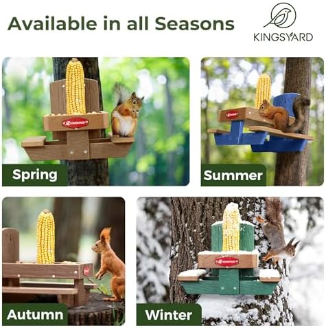 Kingsyard Squirrel Feeder Table for Outside, Recycled Plastic Squirrel & Chipmunk Picnic Table Feeder with Corn Cob Holder, 2 x Solid Structure Benches, Easy to Clean (Brown)