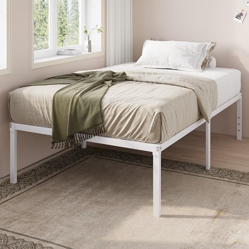 Allewie Twin XL Bed Frame, 18 Inch Metal Beds with Storage Space, White