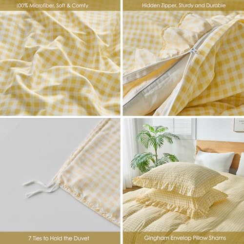 Gingham Duvet Cover King Size, 3 Pieces Soft Breathable Microfiber Plaid Duvet Cover with Zipper Closure & 2 Pillow Shams, Ruffle Farmhouse Vintage Decor, Yellow
