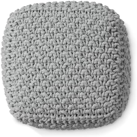 Casafield Square Pouf Ottoman, Light Gray 18.5" W x 18.5" D x 14.5" H Cotton Knit Foot Stool - Boho Floor Pouffe for Living Room, Bedroom, Home Office