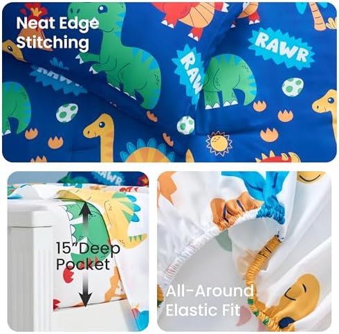 Joiedomi Kids Comforter Set Bedding Set for Boys Girls Super Soft Microfiber Bed in a Bag with Comforter Sheets Pillowcase Sham, Dark Blue Cute Dinosaur, Full