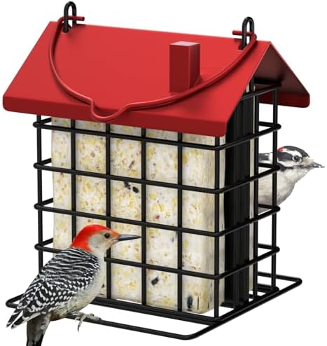 Gbekery All-Metal Double Suet Bird Feeder for Outdoors Hanging, Red Roof