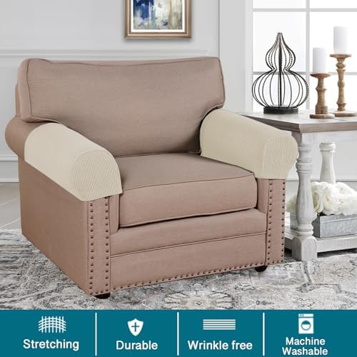 Turquoize Stretch Armrest Covers for Chairs and Sofas Couch Arm Covers for Sofa Spandex Jacquard Armrest Cover Anti-Slip Furniture Protector Washable Armchair Slipcovers for Recliner Set of 4,Natural