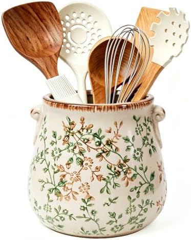 Rustic Ceramic Utensil Holder, Green Floral Farmhouse Counter Crock