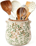 Rustic Ceramic Utensil Holder, Green Floral Farmhouse Counter Crock