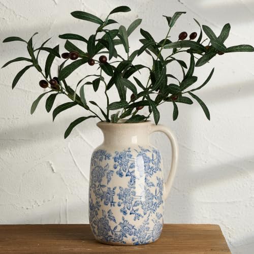 Ceramic Vintage Vase Flower Decorative Vase Chinoiserie Decor Rustic Farmhouse Retro Floral Vases for Table Bookshelf Mantel Kitchen Living Room Office - 9.5" Blue