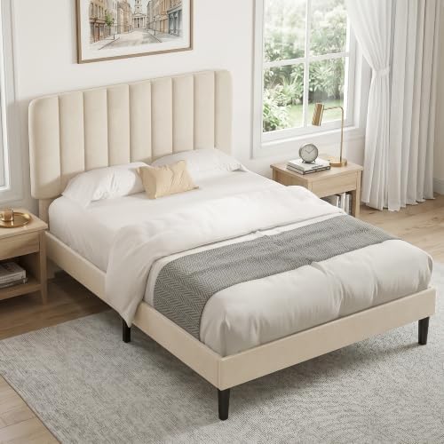 VECELO Full Size Bed Frame with Upholstered Headboard, Velvet Platform Bedframe Mattress Foundation, Strong Wood Slat Support, No Box Spring Needed,Bone Beige