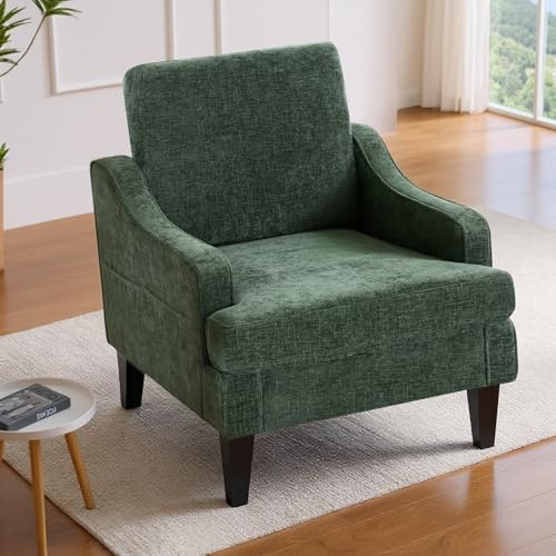 Set of 2 Accent Chair for Living Room,Mid-Century Arm Chair Chenille Fabric Living Room Chairs,Upholstered Reading Chair for Bedroom,Single Sofa Chair with Wood Legs for Apartment (Green)