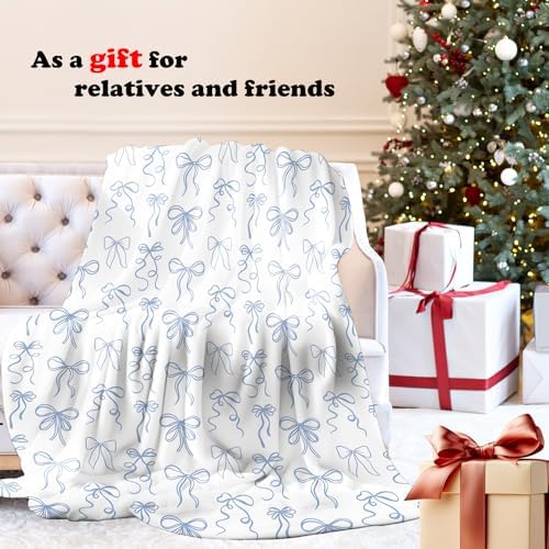 Blue Bow Throw Blanket for Couch, Girly Room Decor Aesthetic, Coquette Blue Ribbon Bow Throw Blanket for Girls Bedroom Dorm Living Room Home Decoration, 50x60 Inches