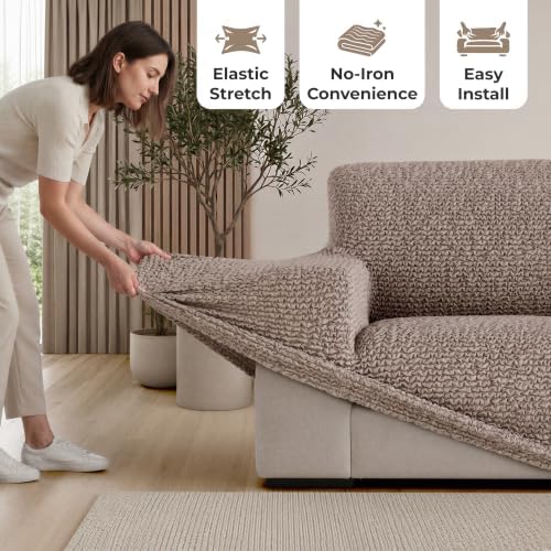 PAULATO Premium Stretch Couch Covers for Sofa - Sofa Chair Cover Washable, Dogs & Pets Friendly - Elastic Polyester Loveseat Slipcovers - Non-Slip Love Seat Couch Covers - Soft Taupe (40"-63" Wide)
