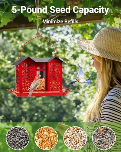 HouseSapp Bird Feeders for Outdoors, Metal Mesh Wild Bird Feeder with Triple Feeders for Finch Cardinal Chickadee, Large Capacity, Weatherproof and Durable, Red