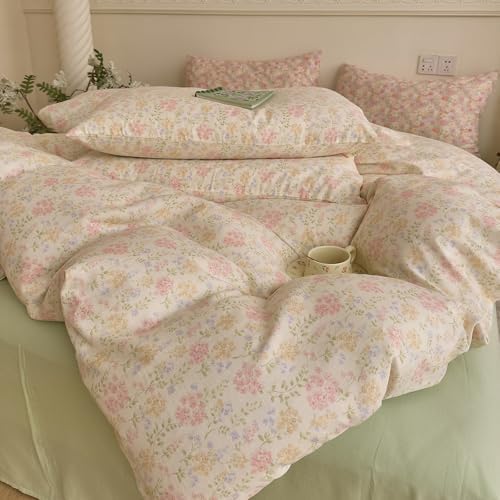 Floral Full Size Duvet Cover Set 100% Cotton Double Gauze Comforter Cover Full Size Soft Boho Cutecore Zipper Duvet Cover Set with Ties Aesthetic Girl Bedding Set Muslin Duvet Protector