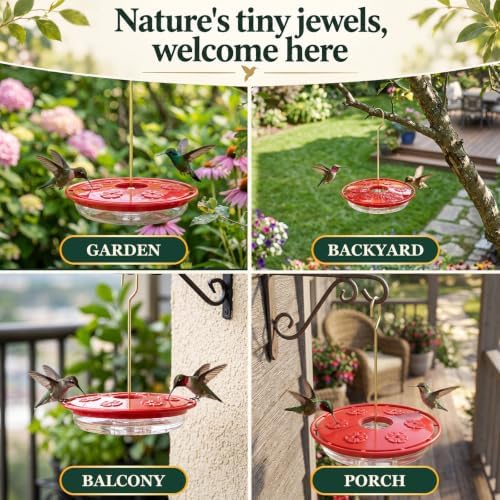 FEED GARDEN Saucer Hummingbird Feeders for Outdoors Hanging, 2 Pack 16oz Leak-Proof Nectar Feeder with Bee Guards Built-in Ant Moat, 6 Feeding Ports, Wide Mouth Easy Refill & Clean, BPA-Free,Red