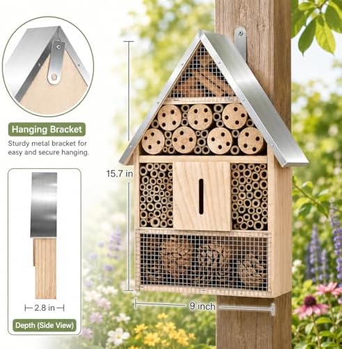 Wooden Mason Insect Bee Butterfly House,Insect Hotel,an Outdoor Hanging Bamboo Habitat for Bee Butterfly Ladybugs Live,Bee Box,Butterfly Habitat for Garden,9 x 15.7 x 2.5 Inch