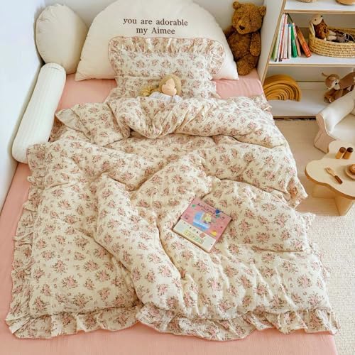 Toddler Girls Pink Floral Duvet Cover with Ruffles,No Pillow,47"x59"