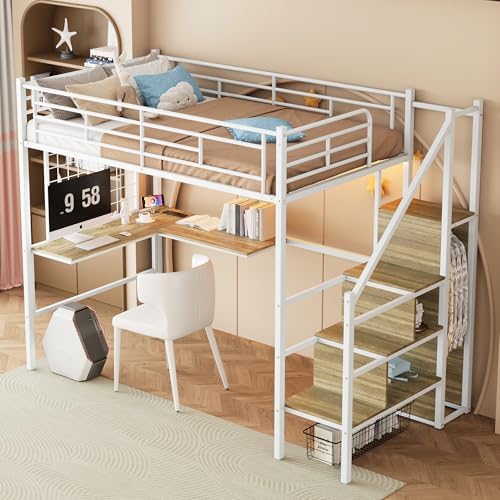 Twin Size Metal Loft Bed with Reversible Stairs & L-Shaped Desk