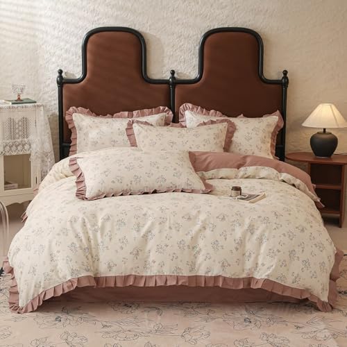 Twin Size Flower Print Duvet Covers with Pale Pink Ruffles Soft Vintage 100% Cotton Comforter Cover Set for Girls Kids,3 Pieces,Includes 1 Duvet Cover& 2 Pillowcases
