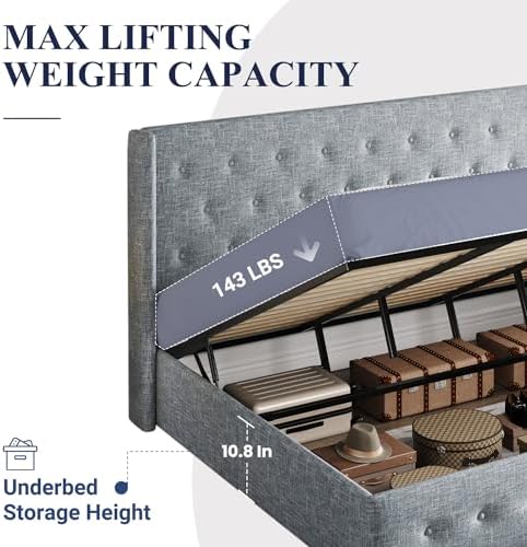 Allewie King Size Lift Up Storage Button-Tufted Bed Frame Blue Grey