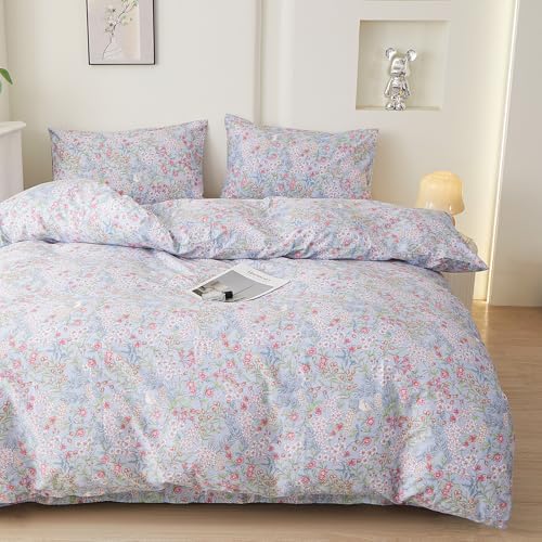 HighBuy Floral Pattern Duvet Cover King Size,Farmhouse 100% Cotton Soft Breathable Cottagecore Bedding Set for Women Girls,1 Duvet Cover and 2 Ruffle Pillowcases,Blue
