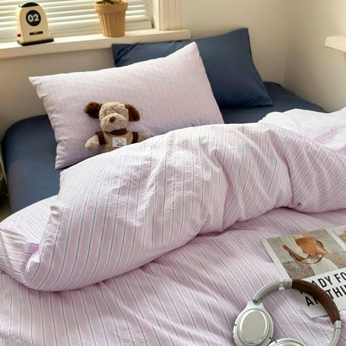 Cottage Striped Twin Duvet Cover- Lilac & Green Stripes Bedding Duvet Cover with Zipper Closure & 2 Pillowcases, Soft Breathable Washed Microfiber Retro Vintage Bedding Set 3-Piece for All Seasons