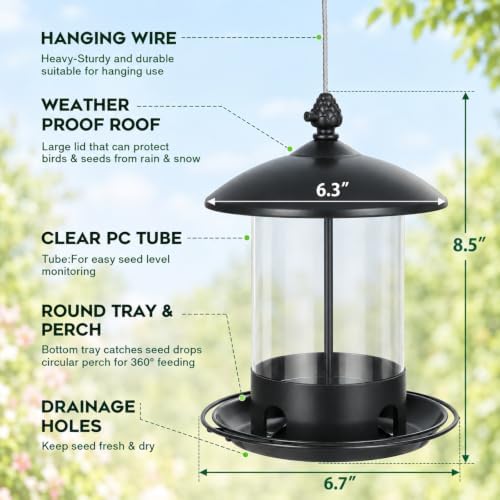 Gbekery Metal Bird Feeders for Outdoors Hanging, 360° Feeding Tray, Black