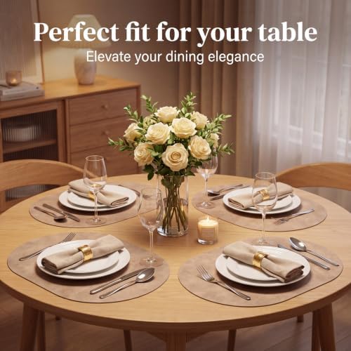 Oval Placemats Set of 12, Wipeable Faux Leather, Apricot