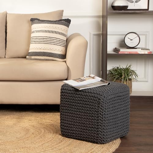 · REDEARTH · Cube Ottoman - Hand Knitted Boho Poof Footrest - Dark Gray