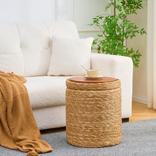 Nested Set Round Pouf Ottomans Handwoven Natural Grass Pouffe Rattan Stool