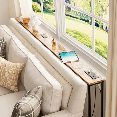 47.2" Console Table with Power Outlets, Narrow Entryway Table with Charging Station, Skinny Sofa Table for Entryway, Living Room, Foyer, Corridor, Office, Rustic Brown