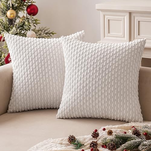 MIULEE Decorative Throw Pillow Covers 20x20 Pure White Textured Corduroy