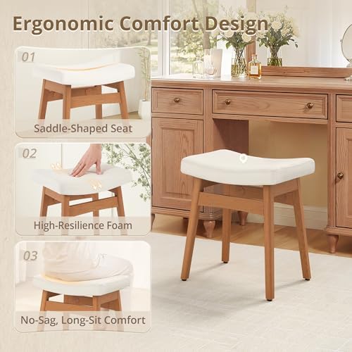 LUE BONA Vanity Saddle Stool with Wood Legs, Modern Vanity Chair for Makeup