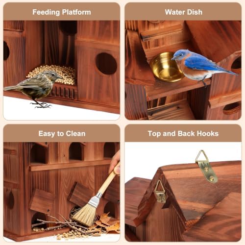 10-Room Bird House for Outside, Carbonized Wood Birdhouses for Outdoor