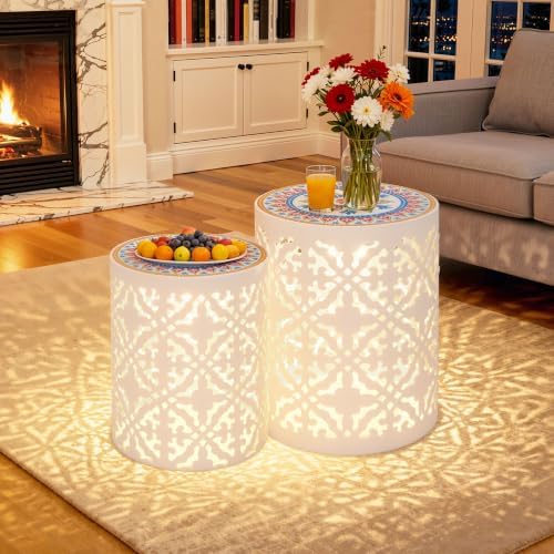 2-Pack Metal LED Side Table Outdoor, 3-Mode Lights, Modern Cut-Out