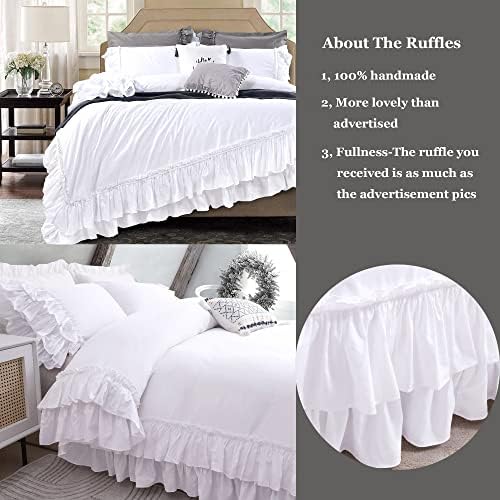 Ruffle White Duvet Cover Queen Size -Washed Cotton Shabby Farmhouse Ruffled Bedding Comforter Cover 3 pcs Aesthetic French Country Queen Duvet Cover Cotton Extra Soft and Breathable