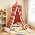 Kertnic Lace & Bow Decor Princess Canopy for Girls Bed, Soft Ruffled Playing Tent Canopy Room Decoration Castle, Reading Nook Canopies in Home (Red Bean)